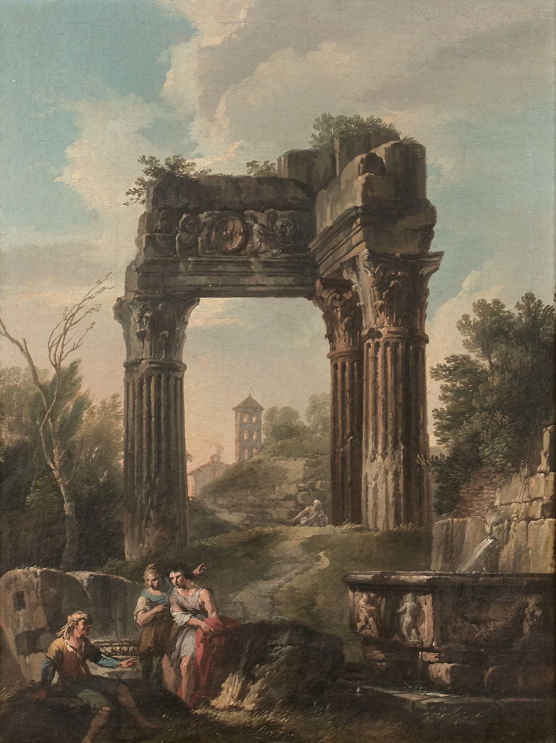 Paesaggio con rovine, figure e fontana
